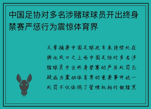 中国足协对多名涉赌球球员开出终身禁赛严惩行为震惊体育界